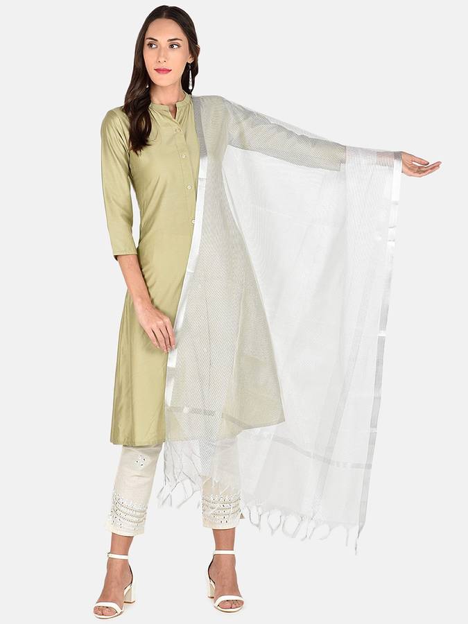 Net Solid Silver Women Dupatta