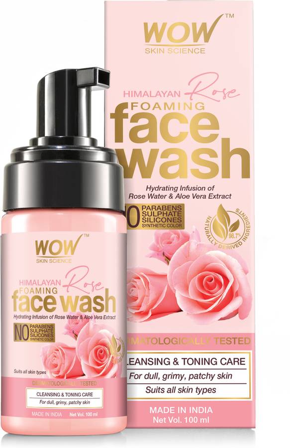 WOW Skin Science Himalayan Rose Foaming  - contains Rose Water & Aloe Vera Extract - for Cleansing & Toning - No Parabens, Sulphate, Silicones & Synthetic Color - 100mL Face Wash