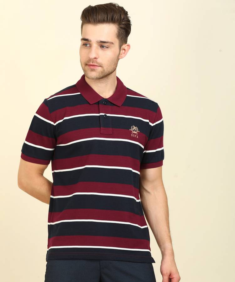 Striped Men Polo Neck Maroon T-Shirt