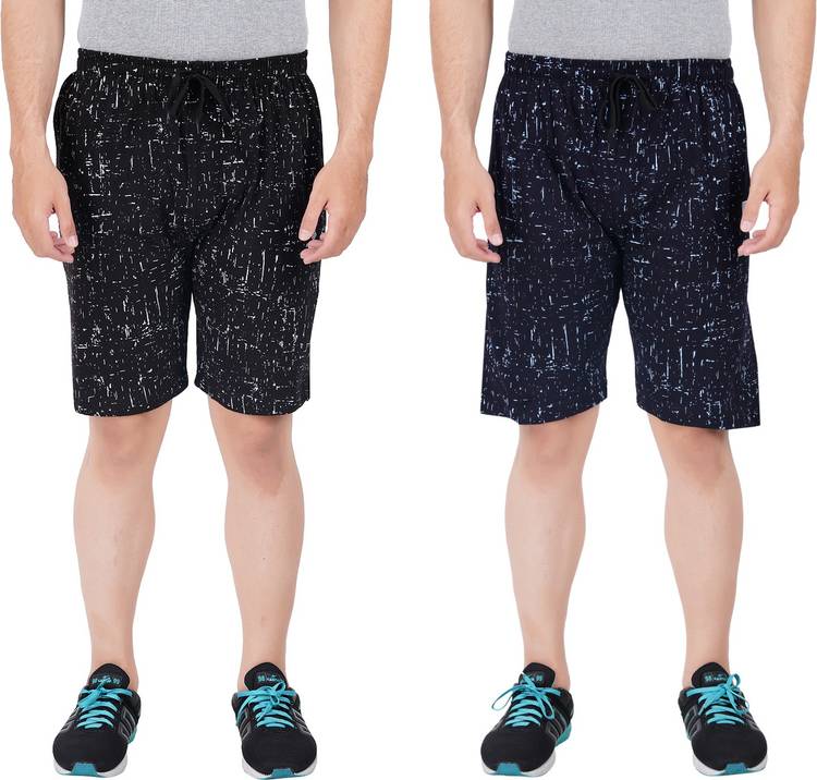 Printed Men Black, Dark Blue Regular Shorts