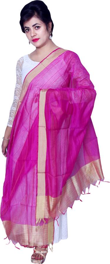 Cotton Silk Striped Pink Women Dupatta