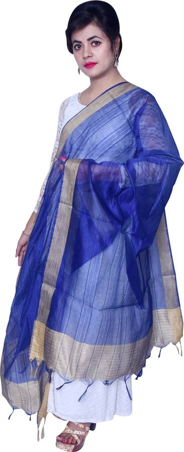 Cotton Silk Striped Dark Blue Women Dupatta