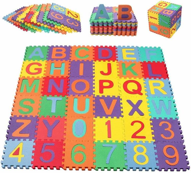 CliptoKart 36 Pcs Big Size Eva Puzzle Foam Mat for Kids, Interlocking Learning Alphabet and Number Mat for Kids (15X15 cm)