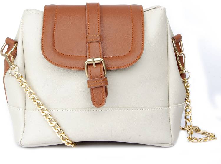 White, Tan Women Sling Bag