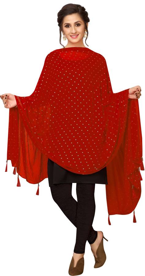 Nylon Embellished Red Women Dupatta