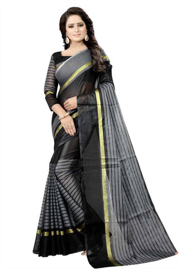 Striped Daily Wear Cotton Blend Saree Price in India