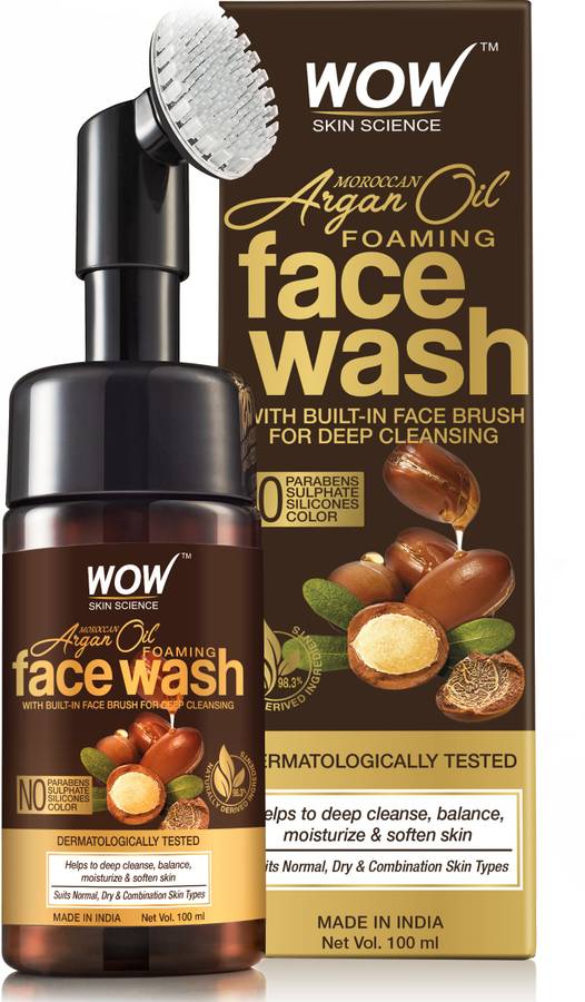 WOW Skin Science Moroccan Argan Oil Foaming with Built-in Brush - contains Argan Oil & Aloe Extracts - for Dry to Normal Skin - No Parabens, Sulphate, Silicones & Synthetic Color - 100mL Face Wash