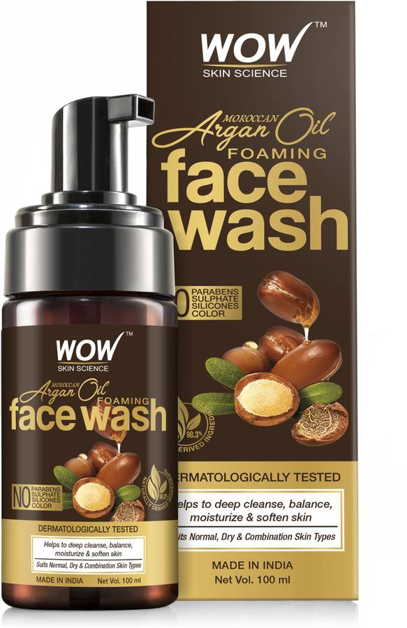 WOW Skin Science Moroccan Argan Oil Foaming  - contains Argan Oil & Aloe Extracts - for Dry to Normal Skin - No Parabens, Sulphate, Silicones & Synthetic Color - 100mL Face Wash