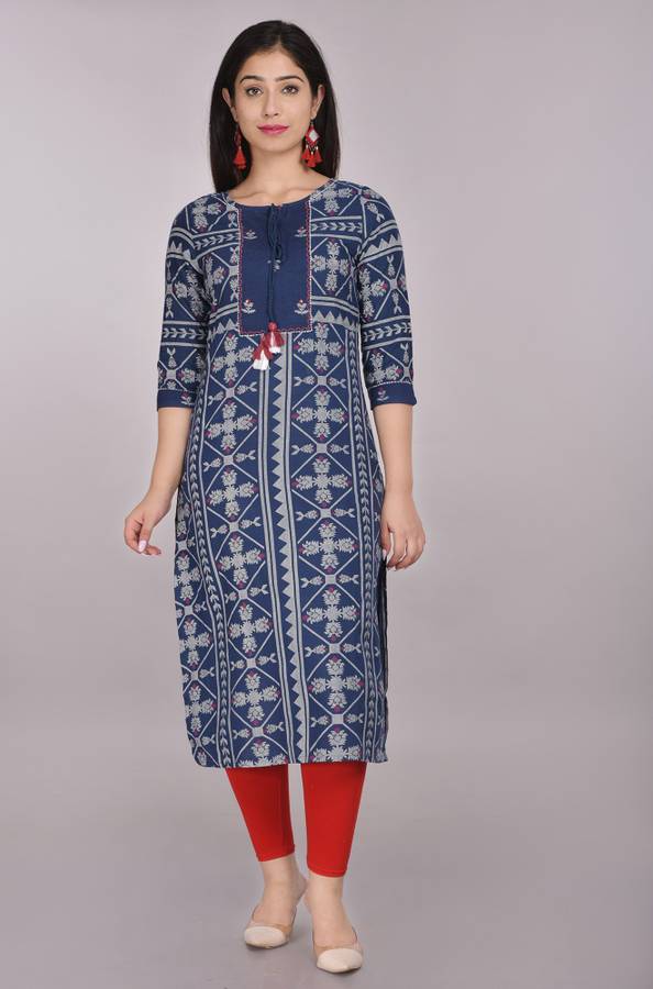 Women Printed Cotton Blend, Rayon Straight Kurta