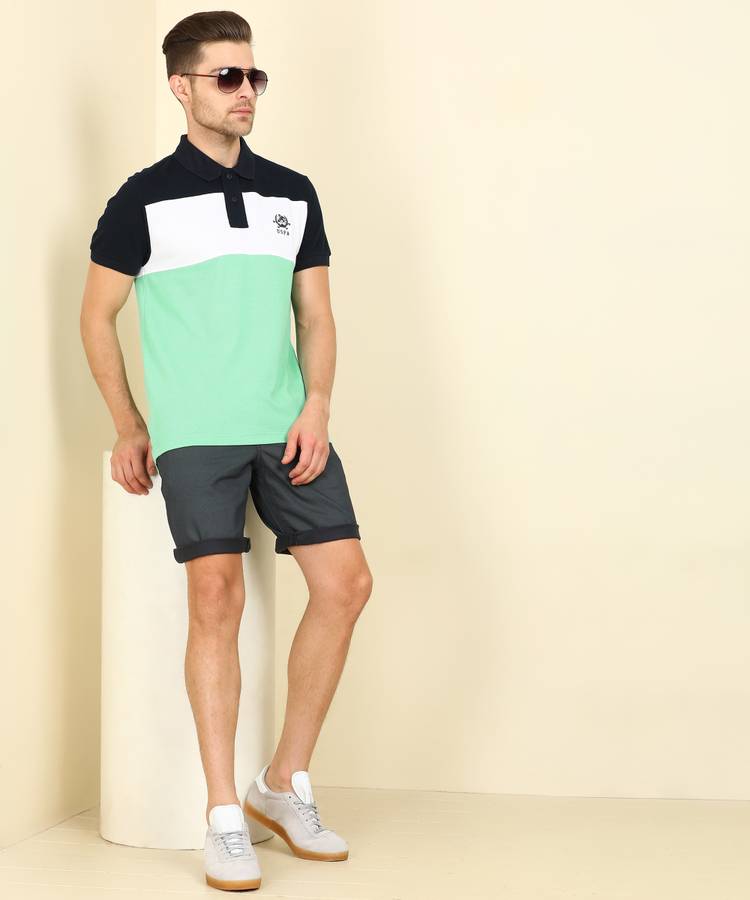 Color Block Men Polo Neck Green T-Shirt