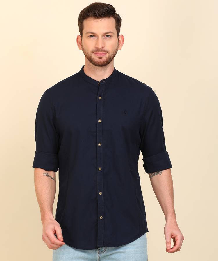 Men Super Slim Fit Solid Mandarin Collar Casual Shirt