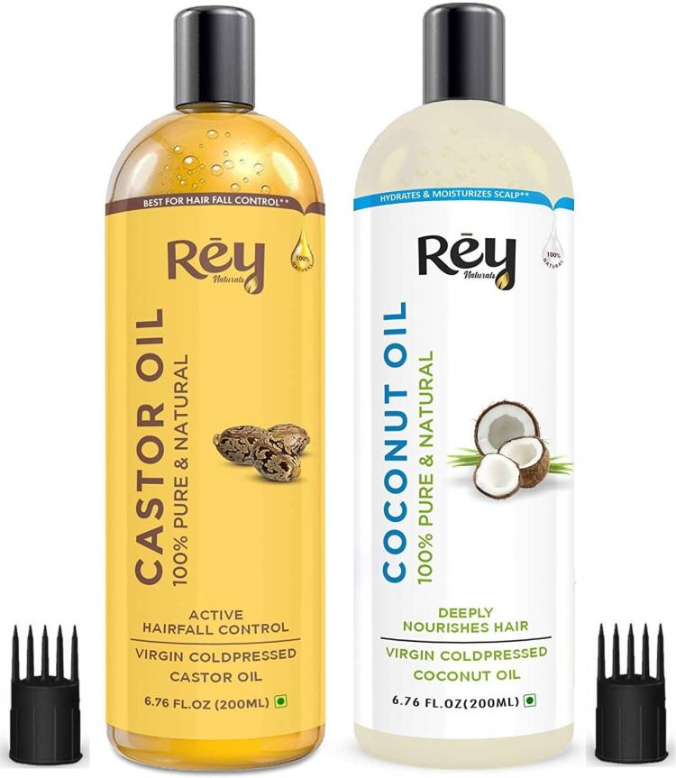 Rey Naturals Cold-Pressed, 100% Pure Castor Oil & Coconut Oil - Moisturizing & Healing, For Skin, Hair Care, Eyelashes (200 ml + 200 ml) super saver combo Hair Oil Price in India