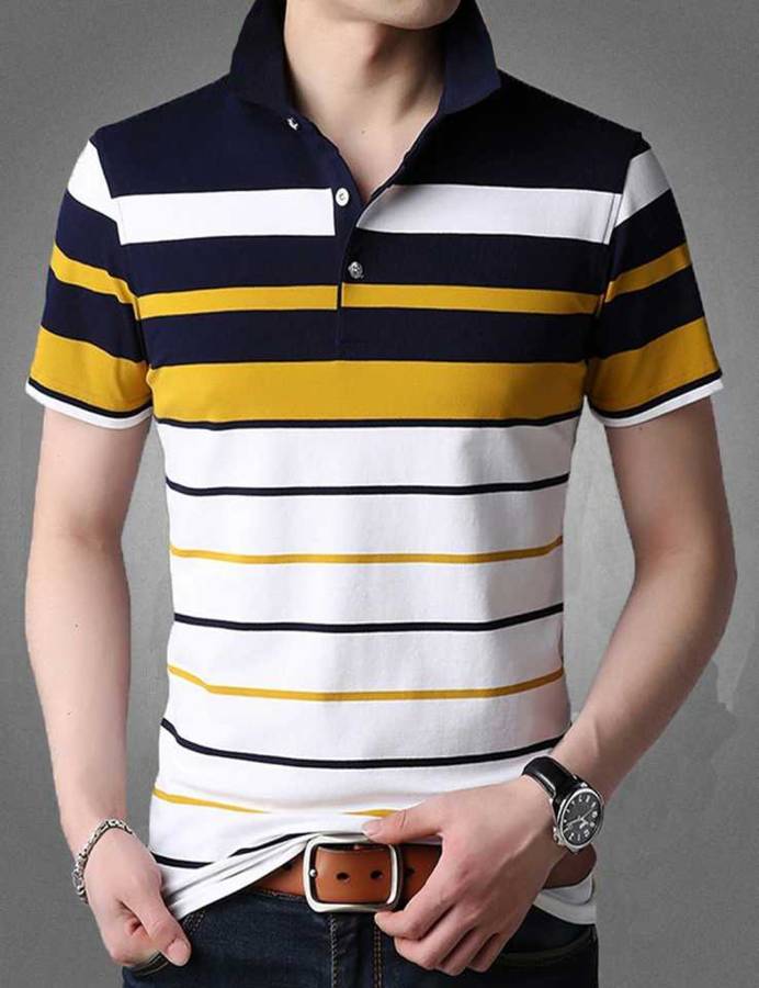 Striped Men Polo Neck Yellow T-Shirt