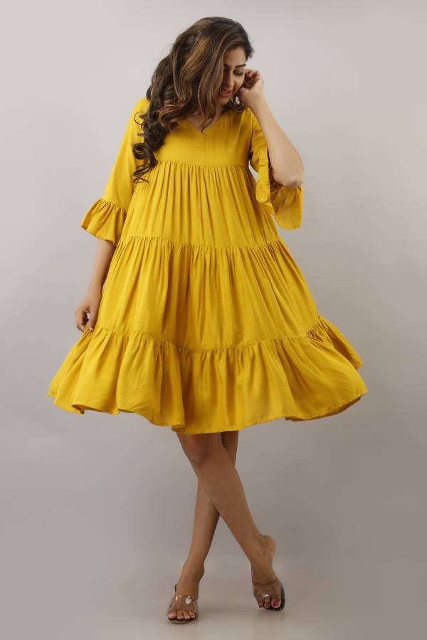 Women Fit and Flare Yellow Dress Price in India