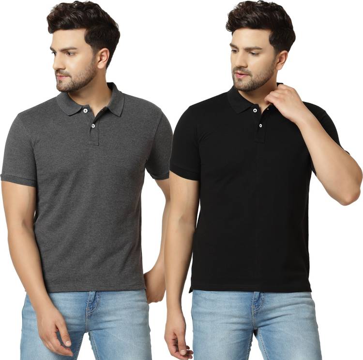 Solid Men Polo Neck Black, Grey T-Shirt