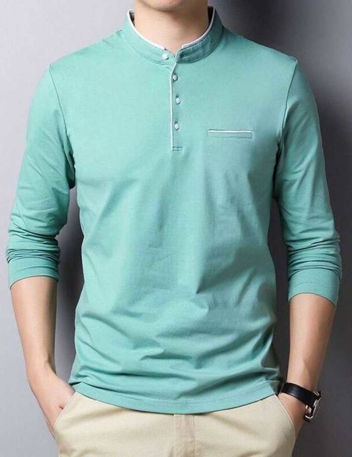 Solid Men Mandarin Collar Light Green T-Shirt