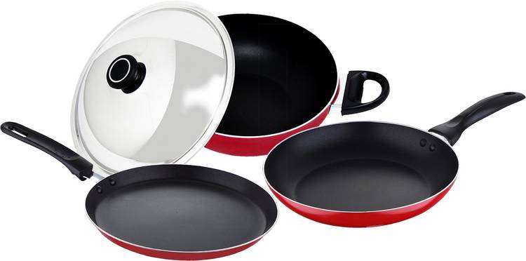 Wellberg Essential Press Aluminium Cookware set With Steel Lid, Red, WBIN-2482 Cookware Set