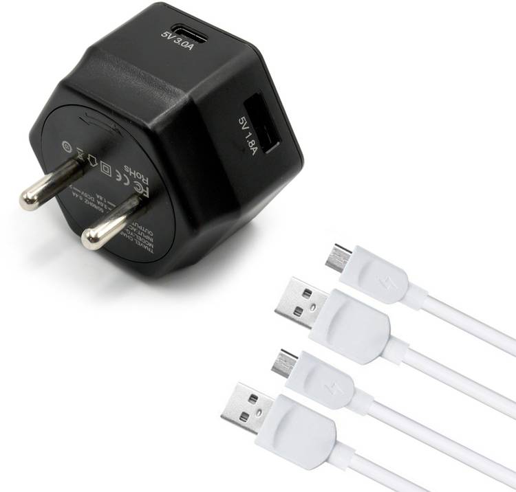 Raptech Combo Dual 5V/3 Amp Fast Wall Charger With C-Type Port 5V/3 Amp Travel Charger With 2 Micro Cables 3 A Multiport Mobile Charger with Detachable Cable