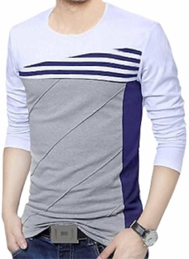 Color Block Men Round Neck White, Grey, Dark Blue T-Shirt