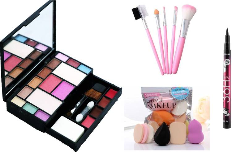 MY TYA Fashion Makeup Kit + Blendor Puffs + Makeup Brushes + Eye Liner Black Price in India