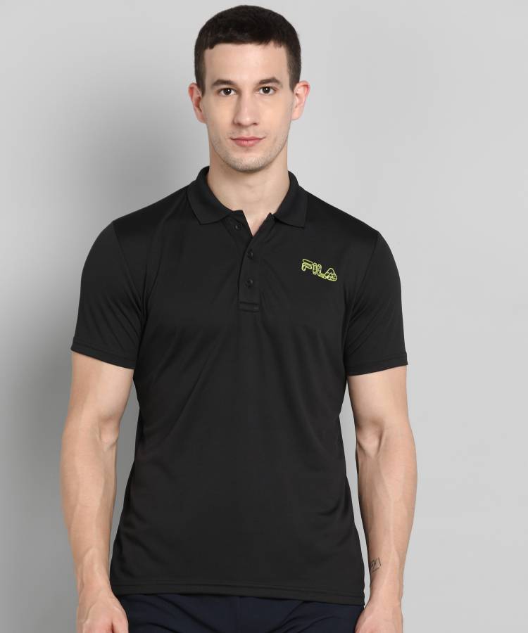 Self Design Men Polo Neck Black T-Shirt Price in India