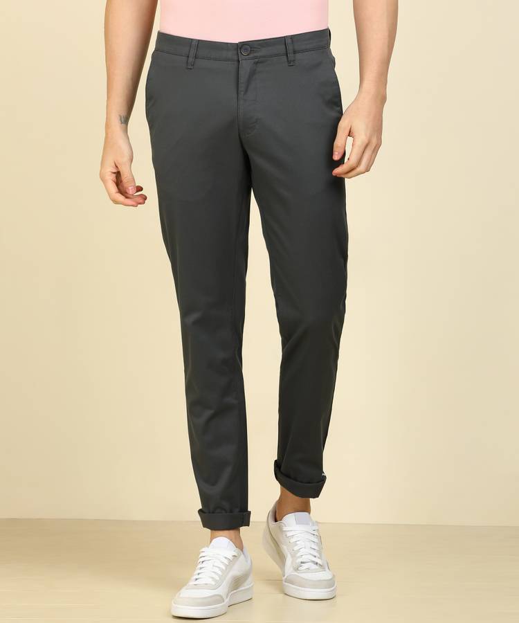 Tapered Men Grey Cotton Lycra Blend Trousers