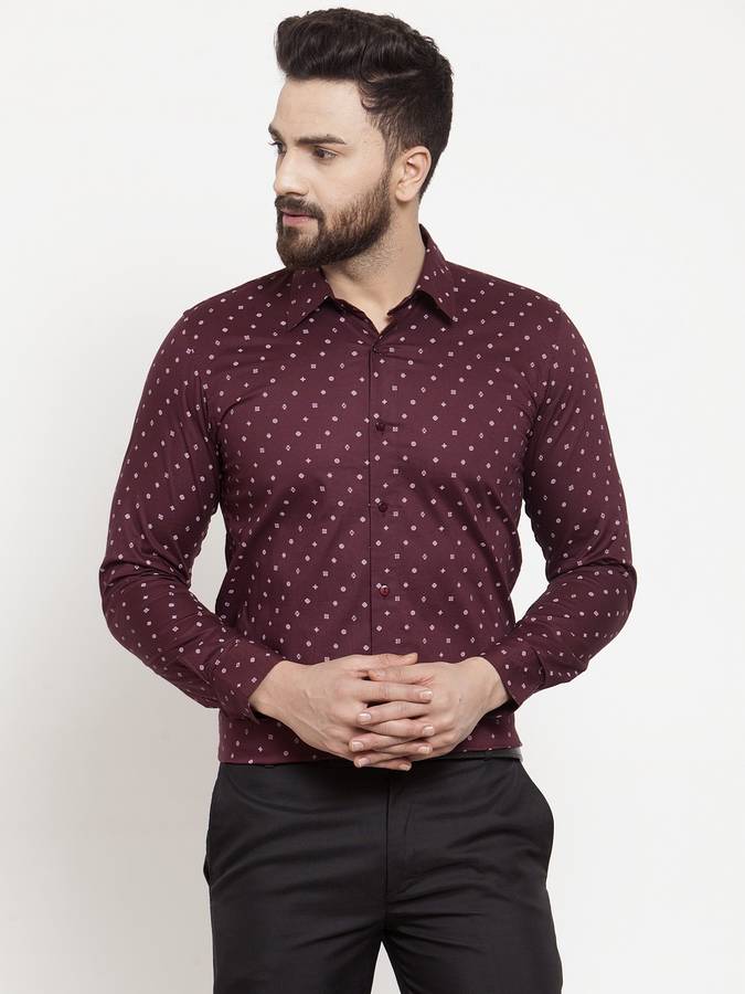 Men Slim Fit Polka Print, Printed Spread Collar Formal Shirt