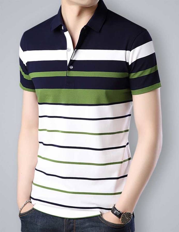 Striped Men Polo Neck Dark Blue, Light Green, White T-Shirt