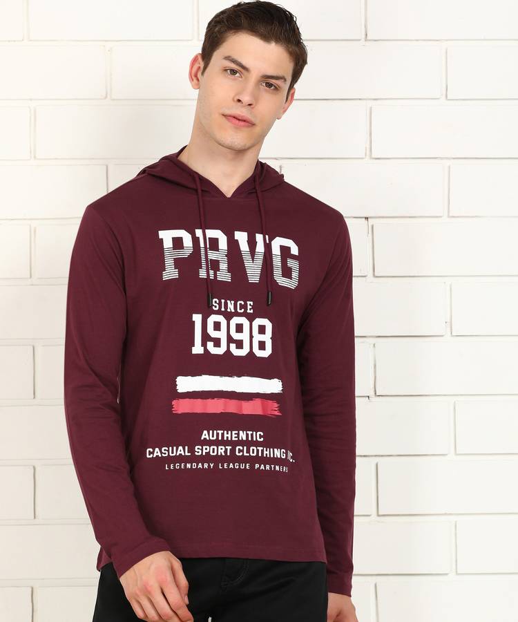 Printed Men Hooded Neck Maroon T-Shirt