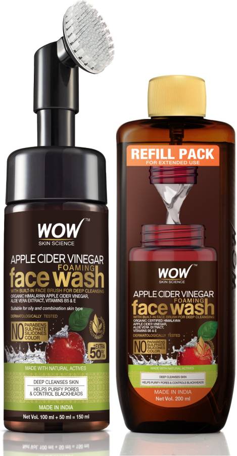 WOW SKIN SCIENCE Apple Cider Vinegar Foaming Face Wash Save Earth Combo Pack- Consist of Foaming Face Wash with Built-In Brush & Refill Pack - No Parabens, Sulphate, Silicones & Color - Net Vol. 350mL Price in India