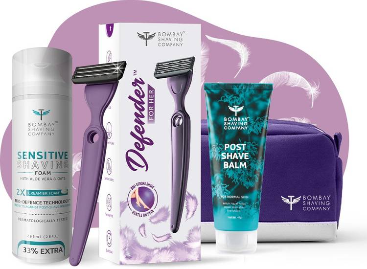 BOMBAY SHAVING COMPANY Defender For Her Travel Shaving Kit with Razor For Women, Shaving Foam for Sensitive Skin & Post-Shave Balm For One-Stroke Irritation-Free Shaves