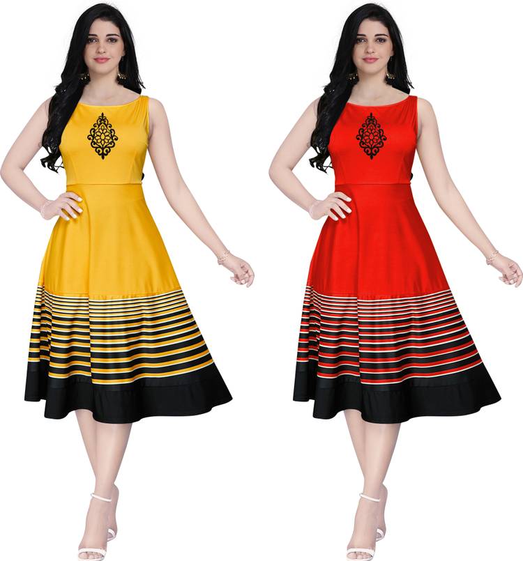 Women Fit and Flare Yellow, Red, Black Dress