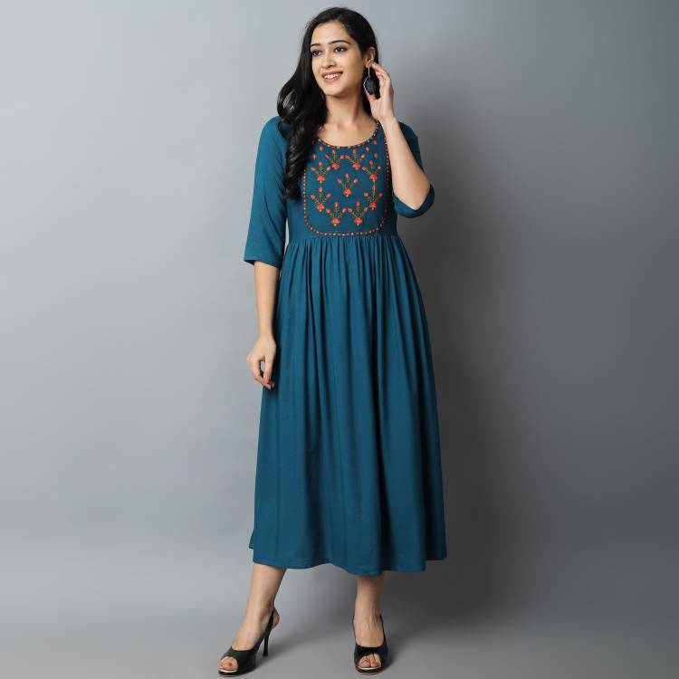 Women Embroidered Rayon A-line Kurta Price in India