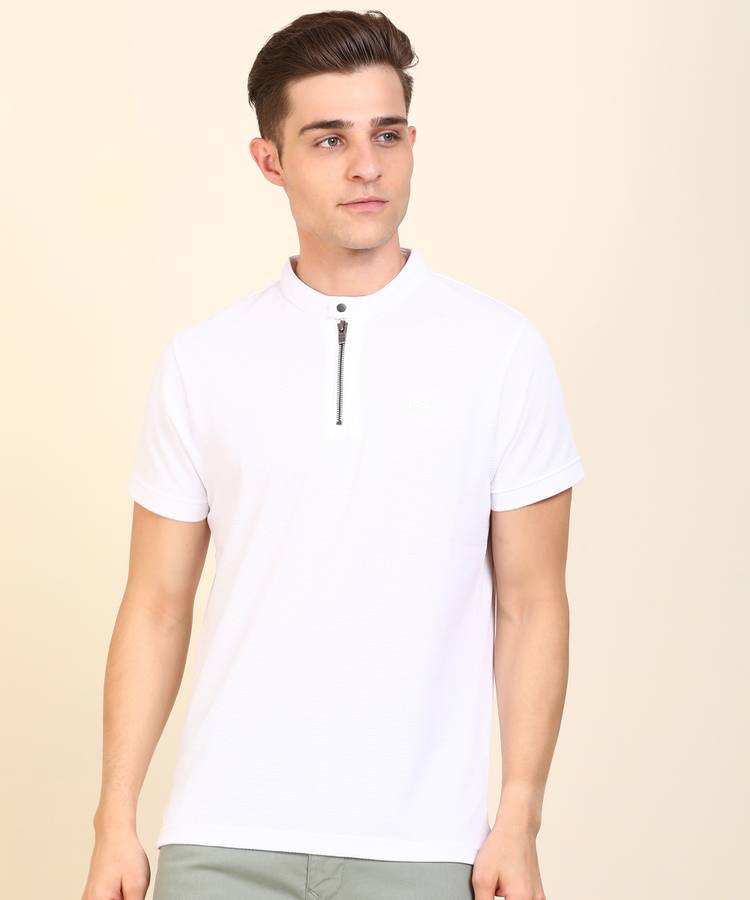 Self Design Men Mandarin Collar White T-Shirt