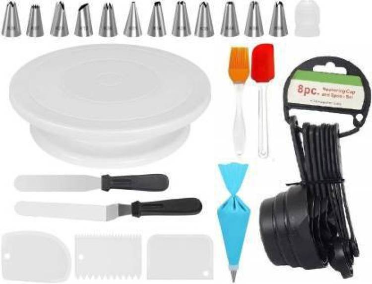 ALAMDAAR Combo Of 1 Cake Turntable, Set of 8 Measuring Cups and Spoons, Set of 3 Icing Smoother, 1 8inch Straight Pallete Knife, 1 8inch Angular Pallete Knife, 1 Silicon Brush, 1 Silicon Spatula, Reusable Icing Piping Bag with 1 Coupler and 12Pcs Steel N