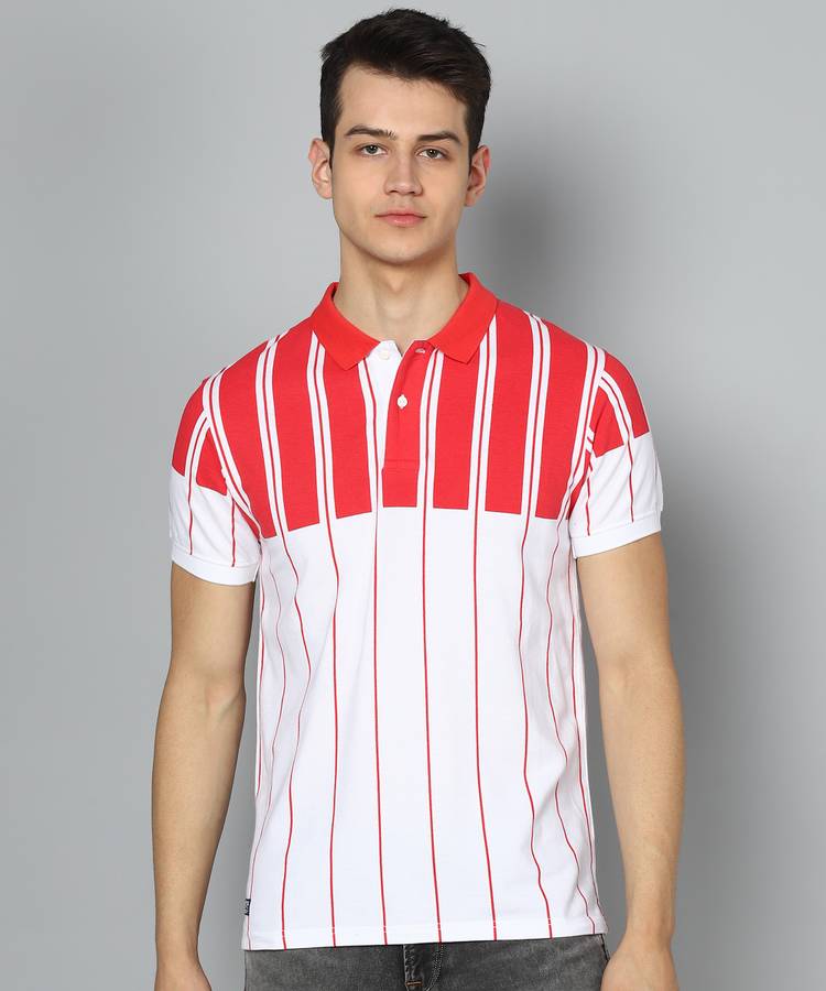 Striped Men Polo Neck Red, White T-Shirt