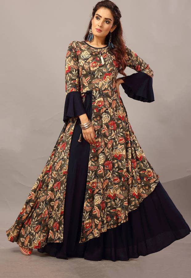 Women Printed Cotton Rayon Blend Anarkali Kurta