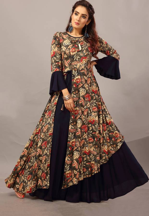 Women Printed Cotton Rayon Blend Anarkali Kurta Price in India