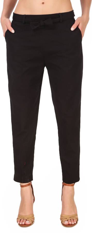 Regular Fit Women Black Cotton Linen Blend Trousers