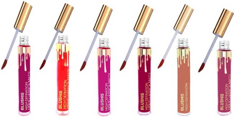 BLUSHIS High Defination Non Transfer Liquid Matte Lipstick COMBO of 6 (Red,Magenta,Plum,Light nude,Matte Marooned,Coffee toffee) color Price in India