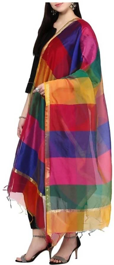 Poly Chanderi Striped Multicolor Women Dupatta