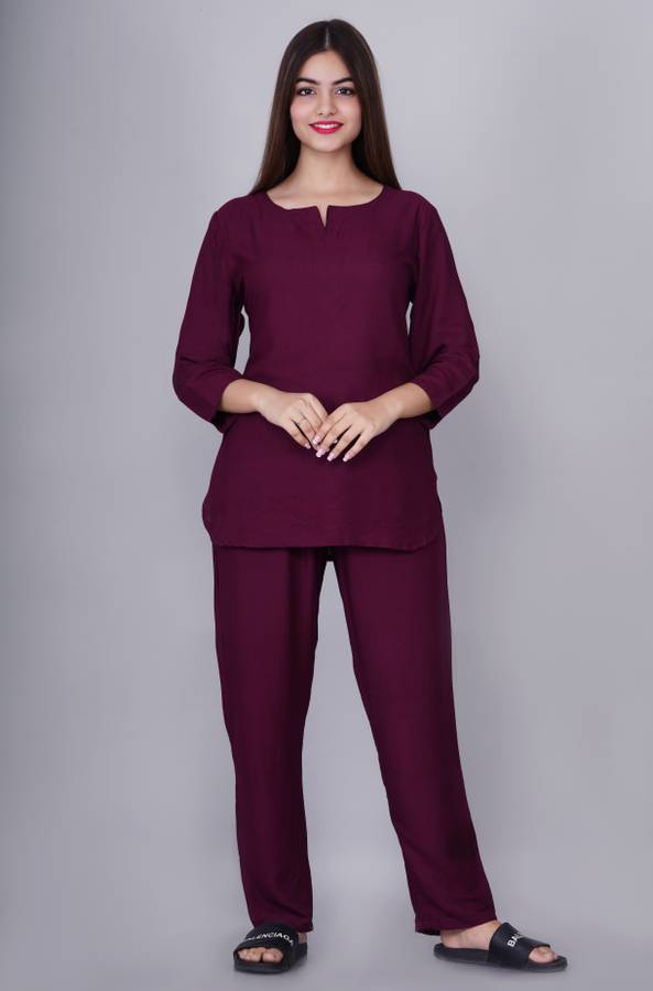 Women Solid Purple Night Suit Set