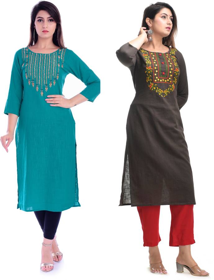 Women Embroidered Cotton Viscose Blend Straight Kurta