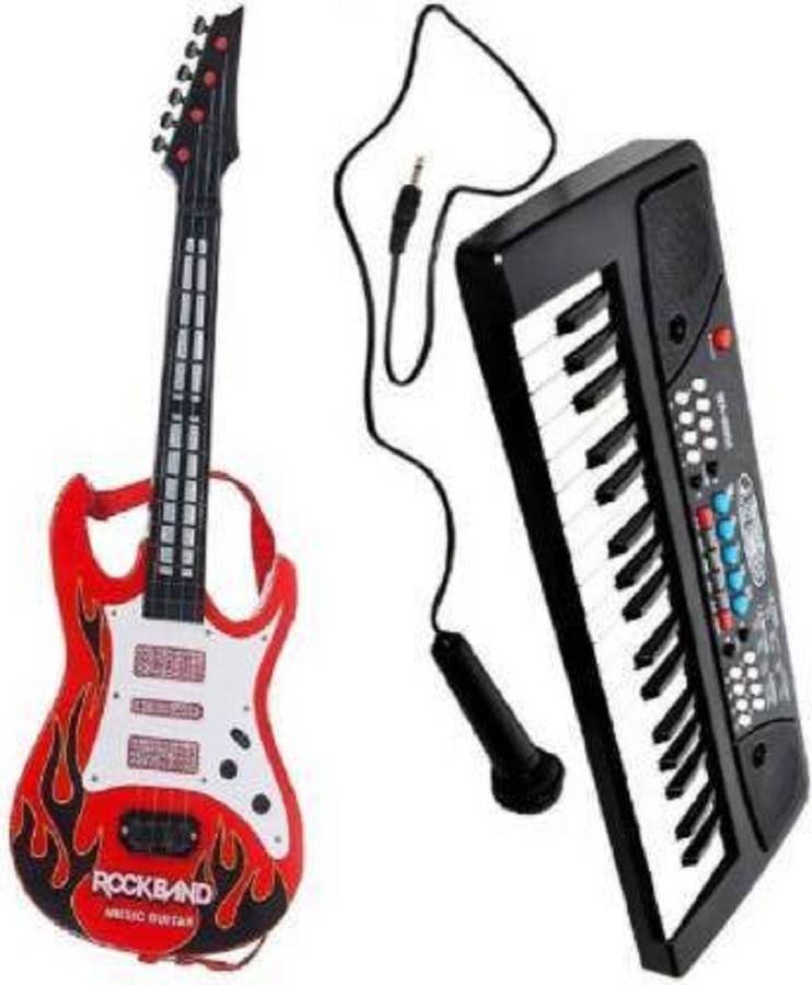 KENZAI 37 Key Piano Keyboard Toy with DC Power Option, Recording and Mic with Musical Guitar With Light And Sound for kids (Multicolor)