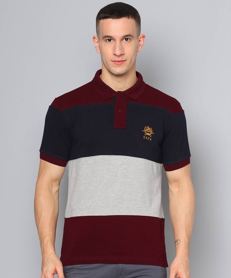 Color Block Men Polo Neck Maroon, Black, Grey T-Shirt