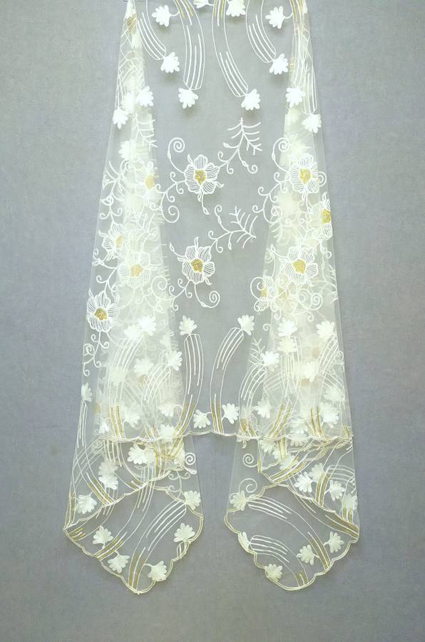 Net Embroidered, Self Design White, Gold Women Dupatta