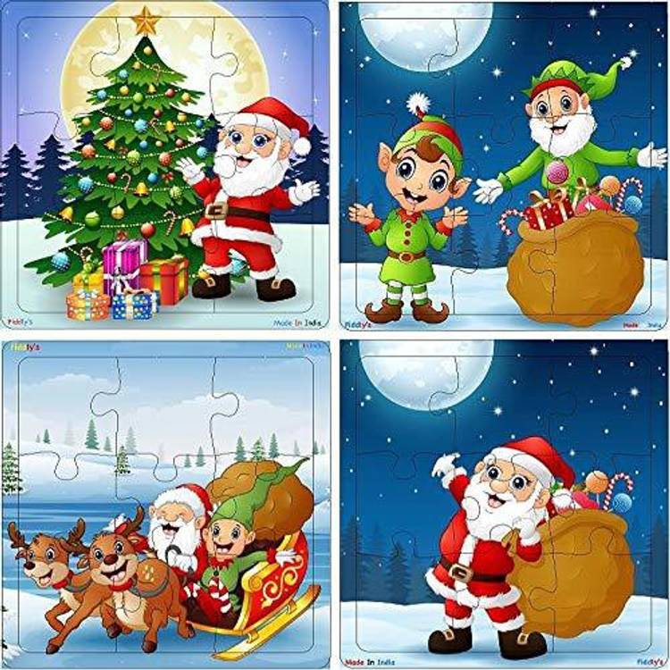 Fiddlys Wooden Jigsaw Puzzles for Children - 9 Pieces (Christmas Pack of 4)