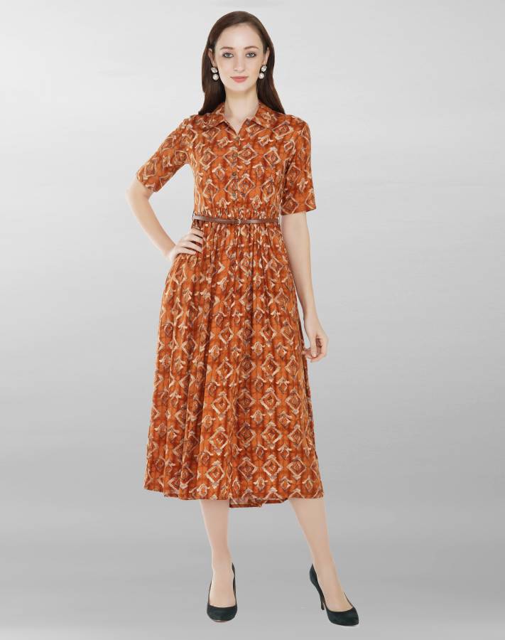 Women Fit and Flare Beige, Brown Dress Price in India