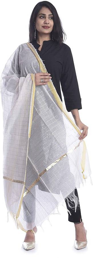 Art Silk Checkered White Women Dupatta