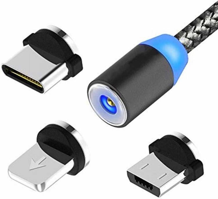 Prab Magnetic USB Charging Cable, Multi 3-In-1 Cable Charger with LED for Android, All Type C Mobiles and IOS Mobiles Fast Charging Cable Magnet Cables USB Type C Cable Magnetic Lighting USB QC Charging Data-Transmission 1 m Magnetic Charging Cable 1 m M